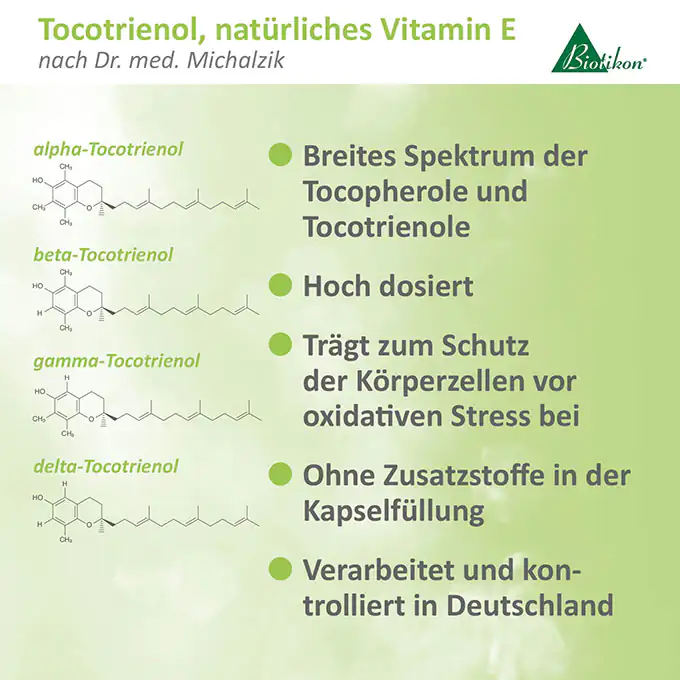 Tocotrienol Vitamin E – Hochdosiert Kapseln Tocotrienol Vitamin E Kapseln, hochdosiert, mit wissenschaftlicher Beschreibung, grüne Farbgebung, übersichtliche Präsentation.