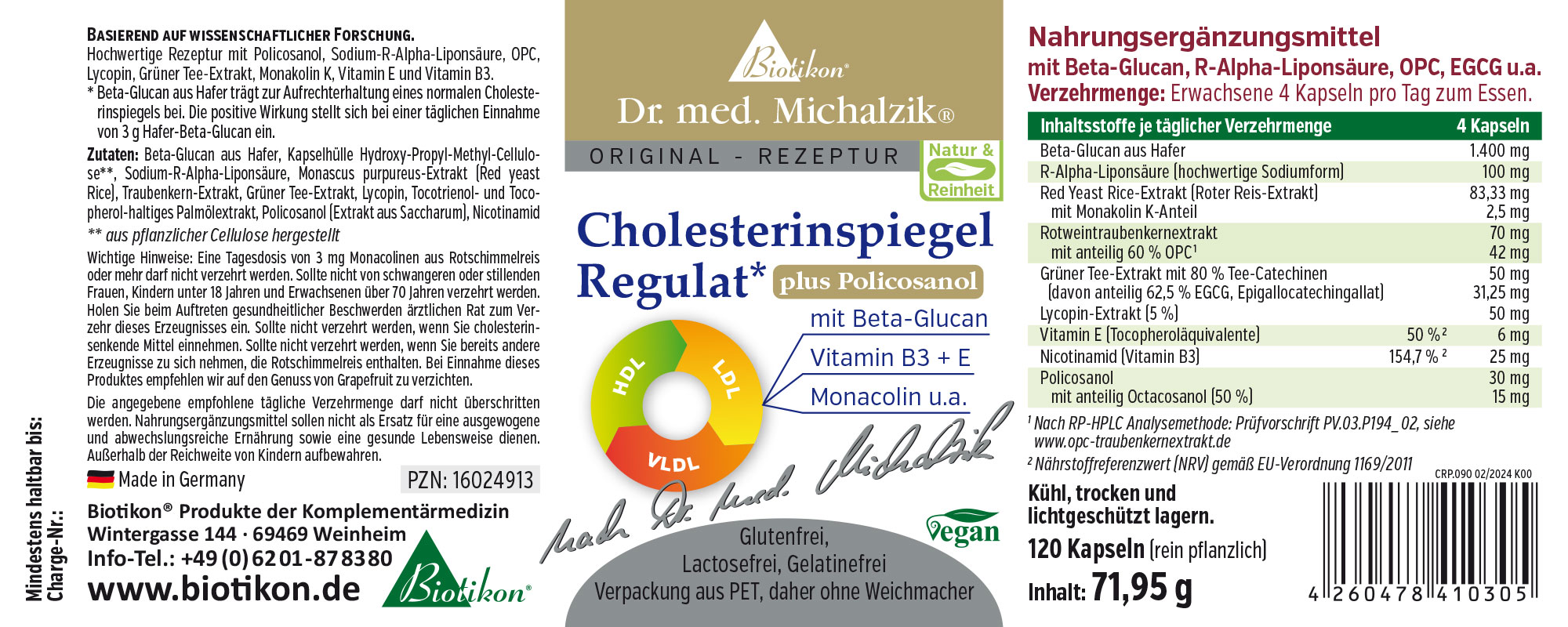 Cholesterinspiegel Regulat – 120 Kapseln Nahrungsergänzungsmittel in Kapseln, 120 Stück, rot-grün-gelbes Verpackungsdesign, vegan, Inhaltsstoffe sichtbar.