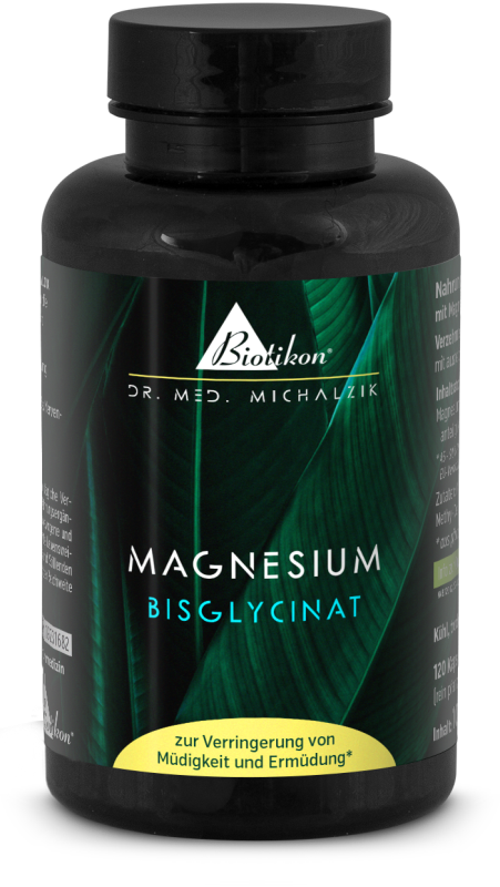 Magnesium Bisglycinat – 120 Kapseln Schwarze Kapsel-Flasche mit Magnesium Bisglycinat, 120 Stück, grünliche Blätter als Hintergrund.