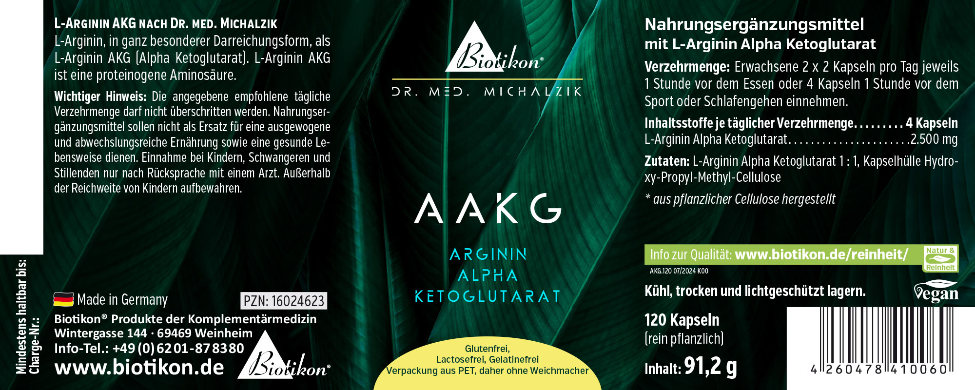 L-Arginin AKG 120 Kapseln – Biotikon Nahrungsergänzungsmittel L-Arginin AKG in Kapseln, 120 Stück, grüne Verpackung, Vorderansicht