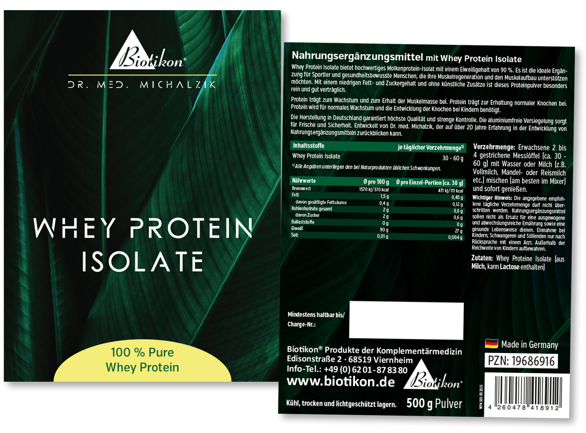 Whey Protein Isolate – 500 g Pulver Whey Protein Isolate in einer 500 g Packung, Pulverform, grüne Verpackung mit weißen und gelben Elementen, Vorderansicht.